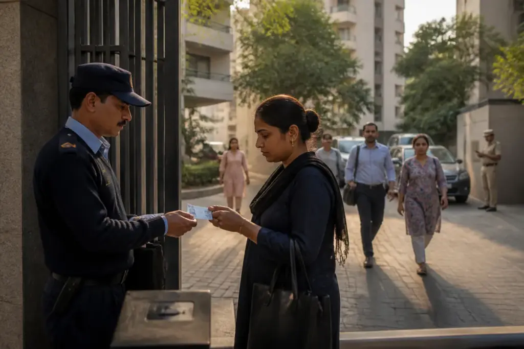 Delhi domestic worker crime story represented by a residential building entrance and police verification documents