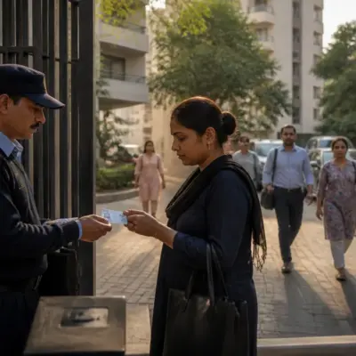 Delhi domestic worker crime story represented by a residential building entrance and police verification documents