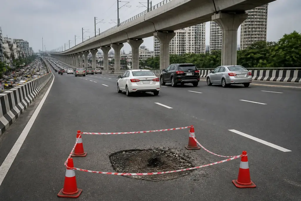 Noida elevated road with traffic and barricaded road section near an urban junction