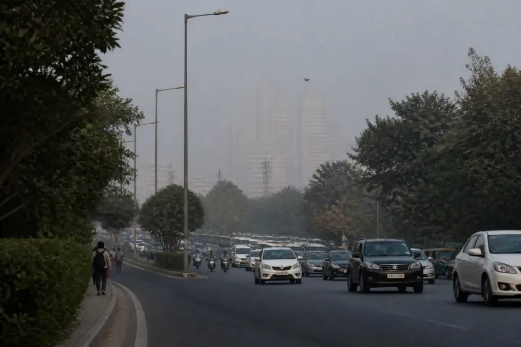 Delhi AQI pollution haze over a busy urban road with commuters and buildings.