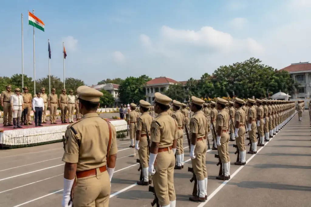 Telangana police personnel at a commemoration parade in Hyderabad