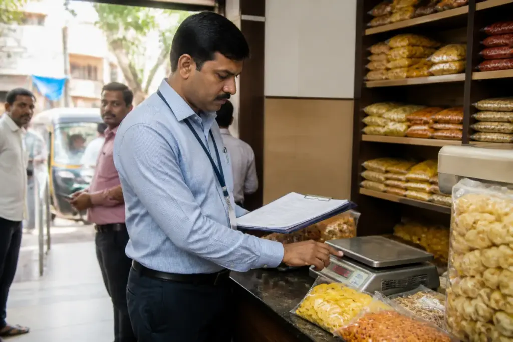 Karnataka regulatory inspections at a food business with an authorised inspector reviewing compliance records