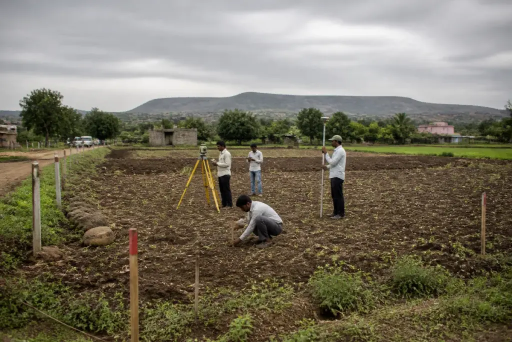Purandar Airport land acquisition site near Pargaon, Pune, with open farmland and survey activity.