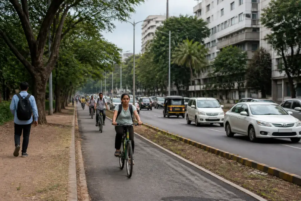 Pune cycle network along an urban road with cyclists and a dedicated track