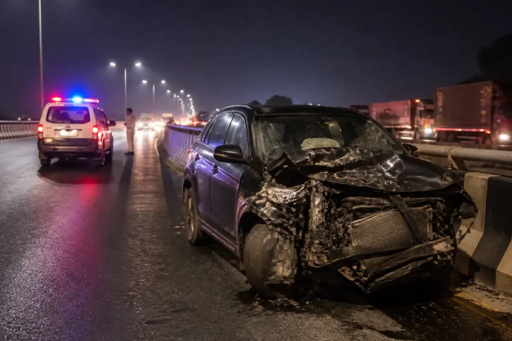 Karad flyover accident site on NH 48 with damaged vehicles and highway barriers