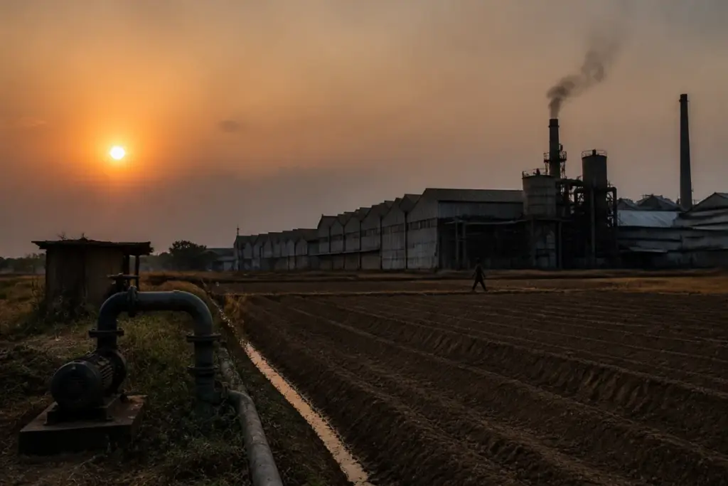 Gujarat power cuts affecting an industrial estate and agricultural fields at dusk