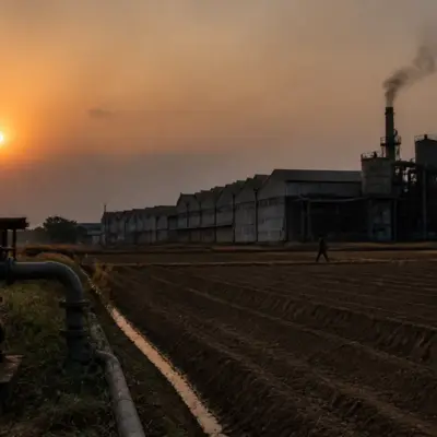 Gujarat power cuts affecting an industrial estate and agricultural fields at dusk