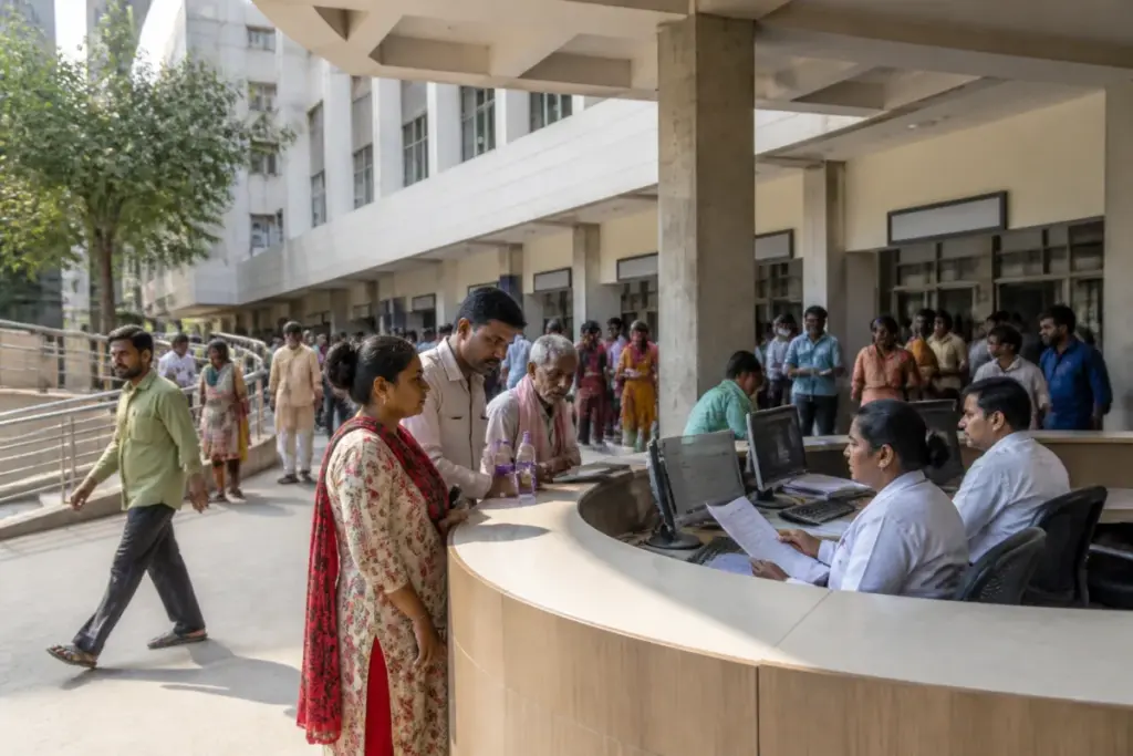 Sola Civil Hospital in Ahmedabad, where extra OPDs and patient help desks have been introduced.