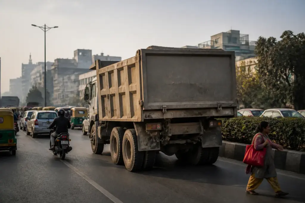 Speeding dumper on an Ahmedabad road during peak-hour traffic