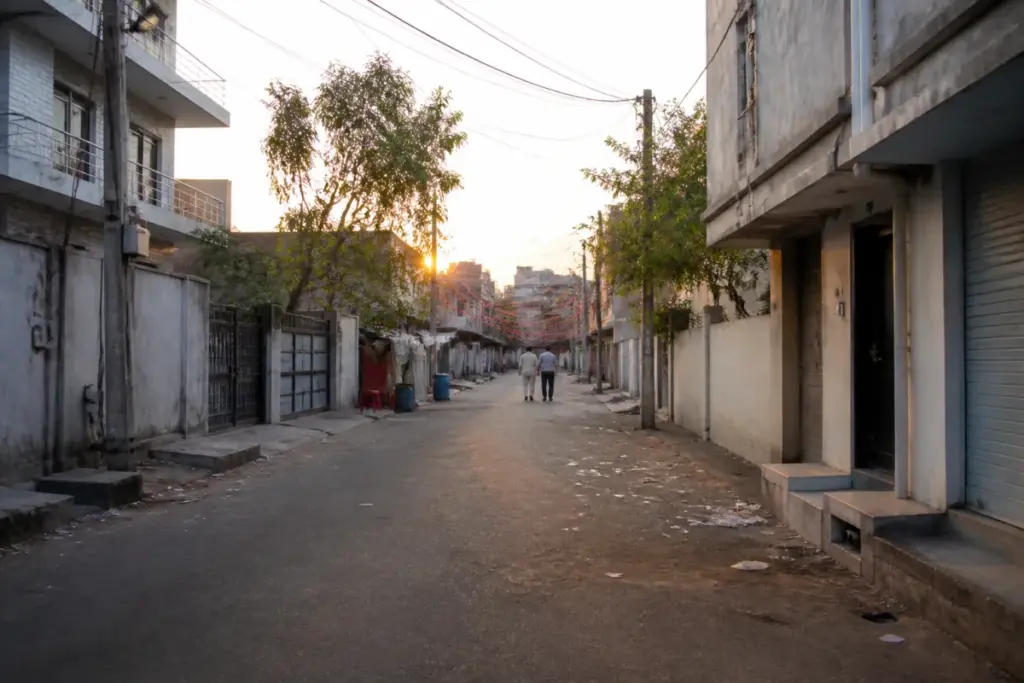 Ahmedabad street near Khanpur at dawn, representing the reported molestation case after a garba event