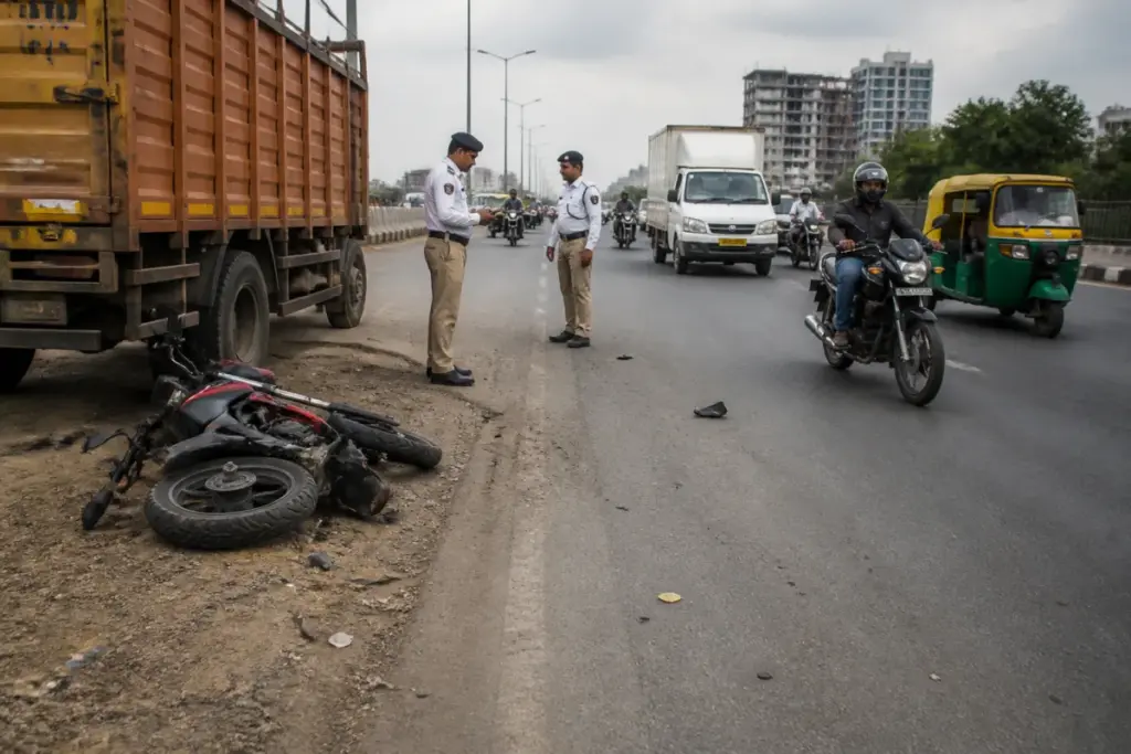 Ahmedabad road accidents involving motorcycles and heavy vehicles on a busy urban road