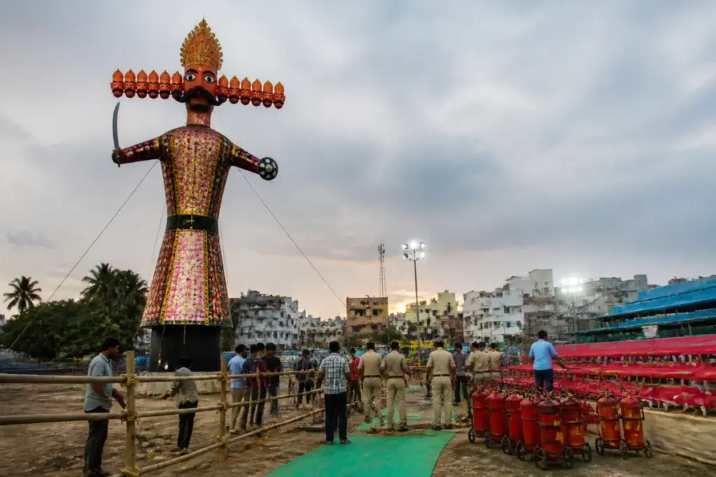 Bhubaneswar Ravan Dahan preparations with a large Ravana effigy and festival crowd