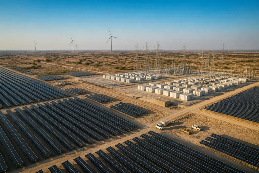 Adani Green renewable energy and battery storage infrastructure at the Khavda project in Gujarat