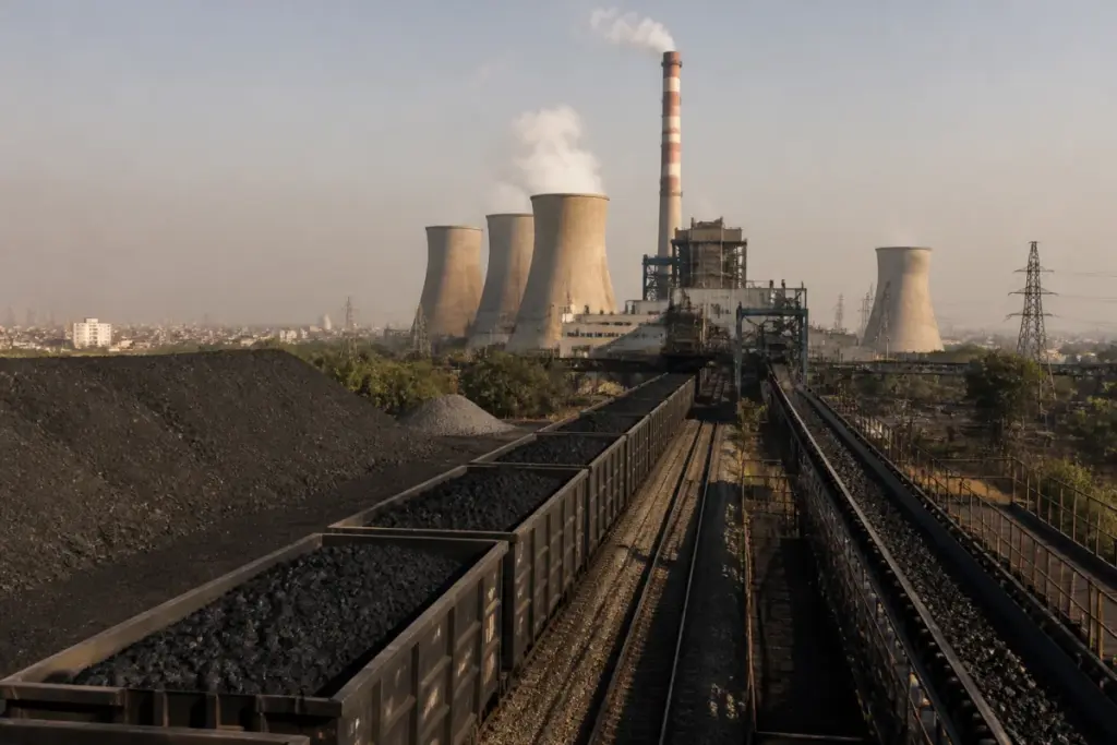 India power crisis represented by a coal-fired power plant and coal stockpiles near rail wagons