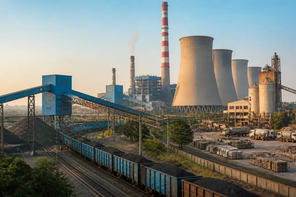 Core sector growth reflected in an Indian power plant and industrial infrastructure landscape.