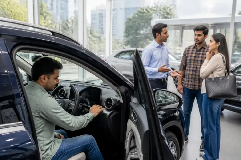 India car buying decisions shaped by technology features at a modern dealership