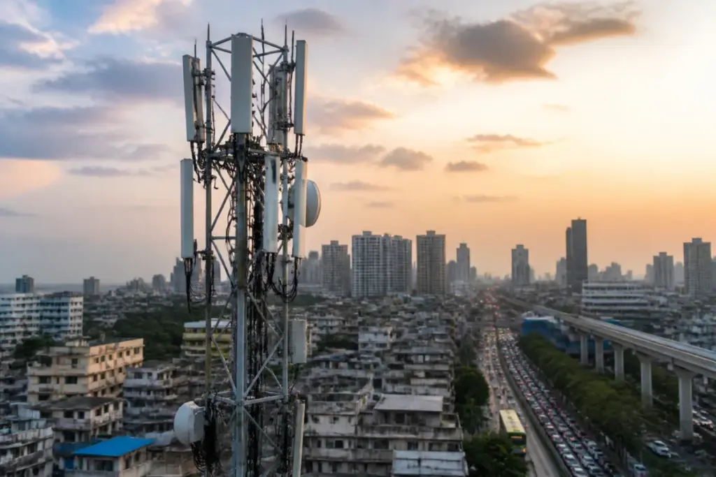 Jio IPO and telecommunications infrastructure represented by a modern Indian mobile network tower