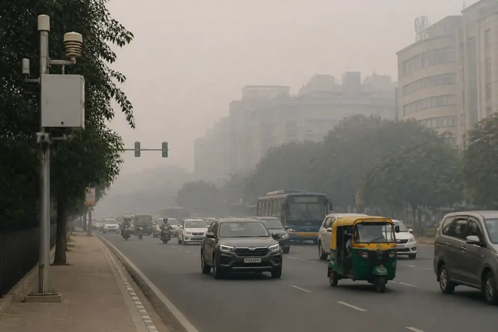 GRAP-1 Delhi-NCR restrictions as commuters move through a hazy Delhi street