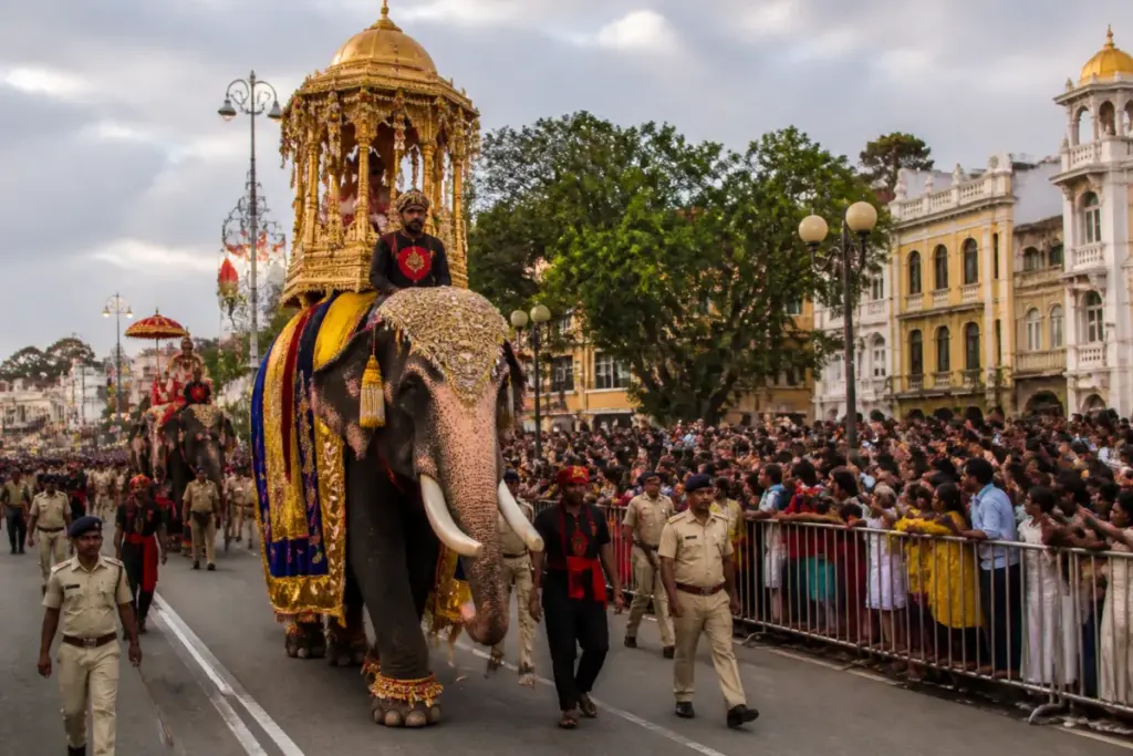 Mysuru Dasara Jumbo Savari elephants moving along a crowded procession route in Mysuru