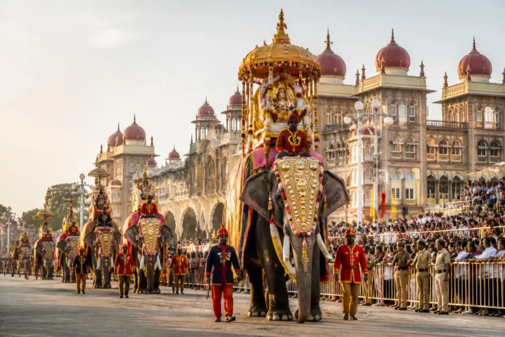 Mysuru Dussehra Jamboo Savari procession with decorated elephants and crowds in Mysuru