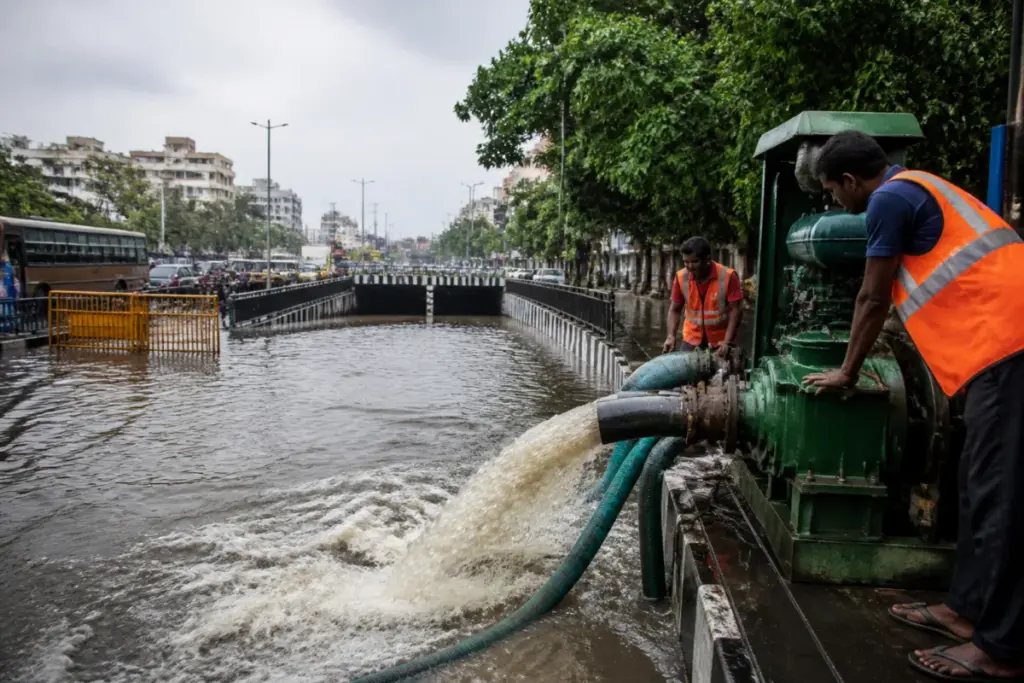 Chennai waterlogging being cleared from a flooded urban road after heavy overnight rain