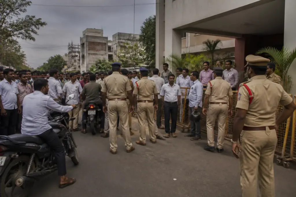 Police manage a tense crowd during Andhra Pradesh local body polls nominations