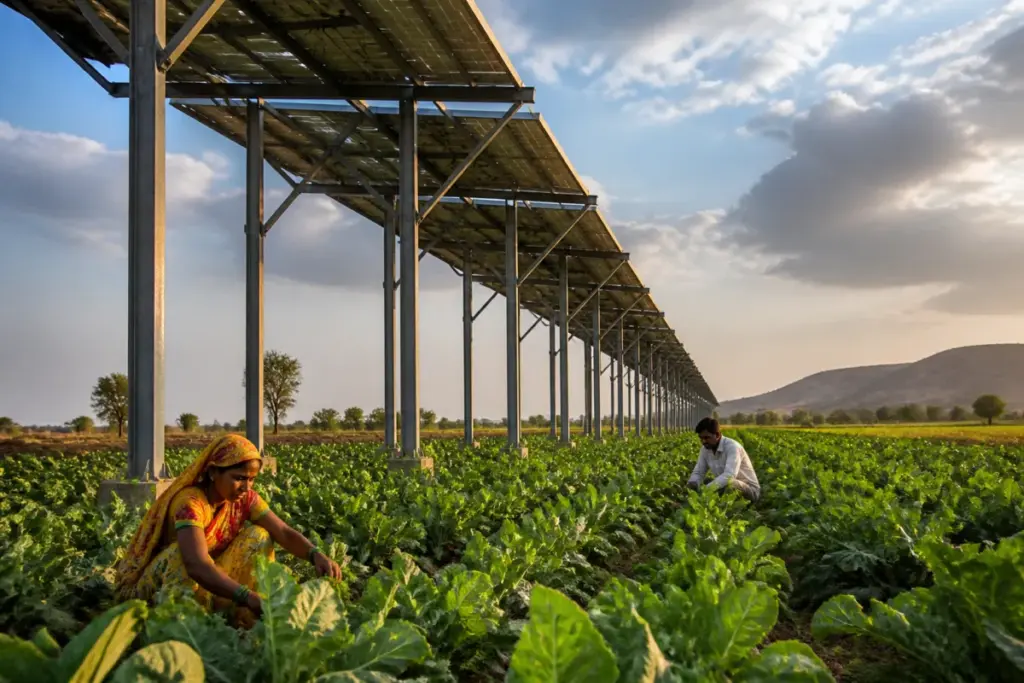 Agrivoltaics in India with solar panels elevated above cultivated farmland
