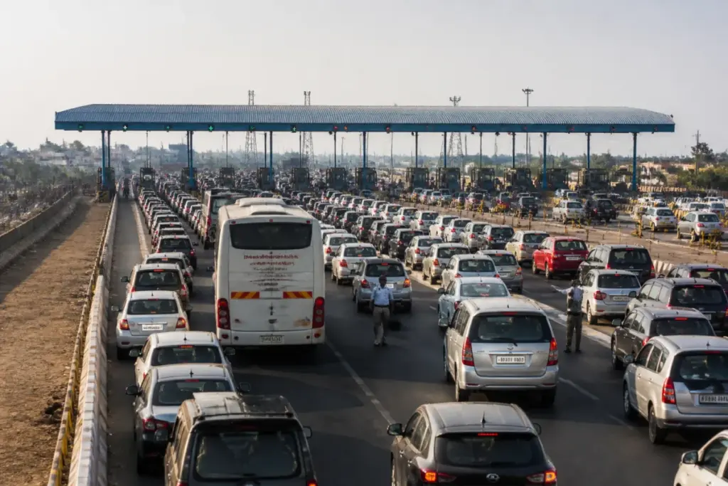 Pantangi toll plaza traffic queues on NH-65 near Choutuppal after Dasara
