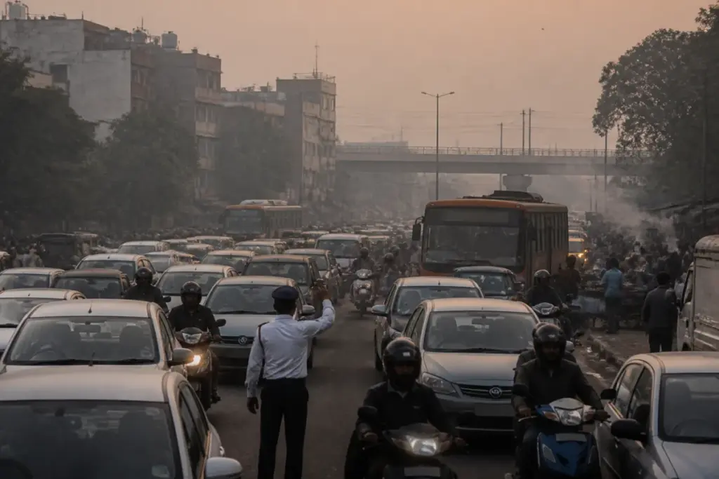 GRAP-1 Delhi restrictions announced as commuters move through polluted streets