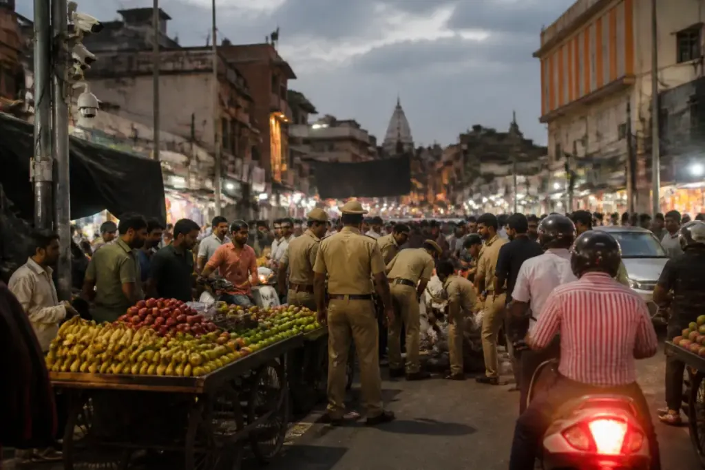 Bengaluru fruit seller assault scene near a crowded Chikkapet market road