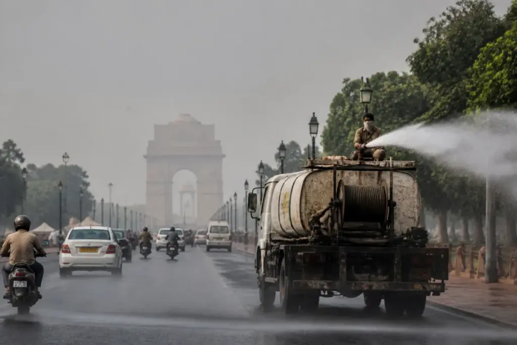 Delhi AQI pollution response with a water sprinkler truck operating near India Gate