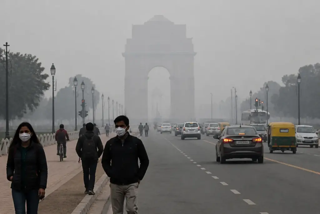 Delhi AQI smog covering India Gate as GRAP Stage 1 restrictions take effect
