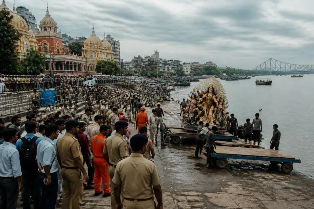 Kolkata Durga idol immersion preparations at a Hooghly river ghat with police and safety teams