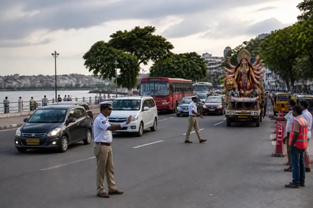 Hyderabad traffic restrictions near Hussain Sagar during Durga idol immersion preparations