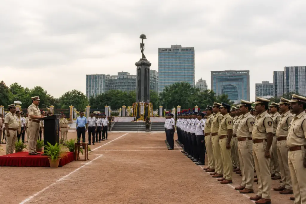 Telangana police recruitment announcement at a Police Commemoration Day parade in Hyderabad