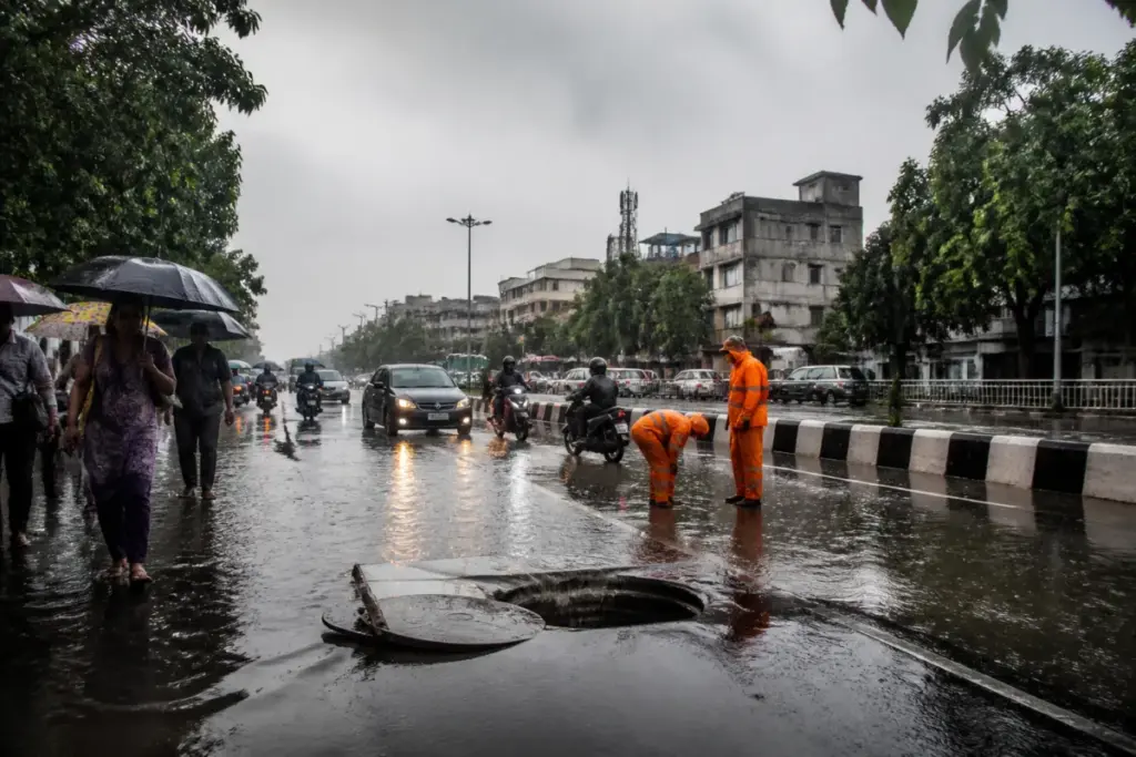 Chennai heavy rain flooding an urban road with commuters and municipal response vehicles