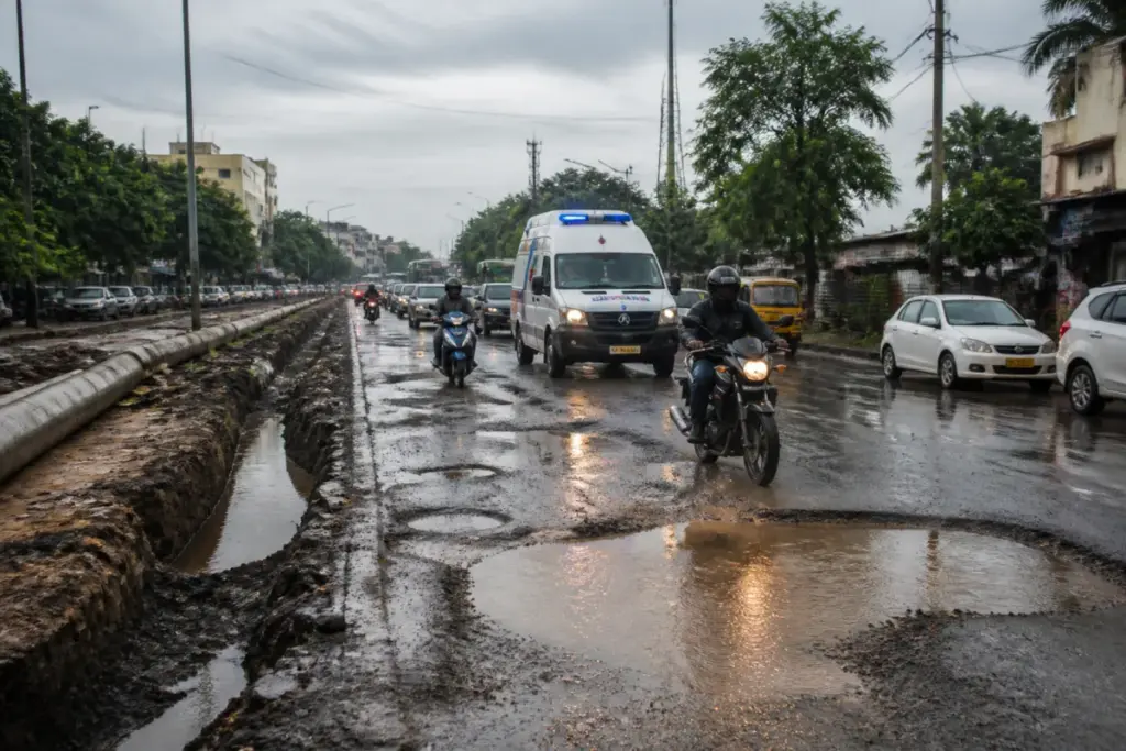Potholes and rainwater on Chennai’s Tambaram-Velachery Road near pipeline work