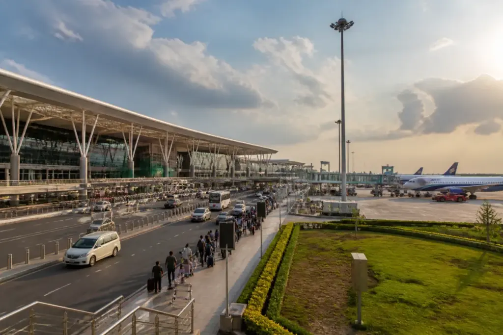 Chennai airport terminal and aircraft reflecting the airport privatisation debate