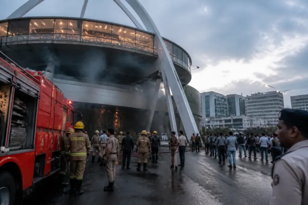 Fire engines responding to the New Town restaurant fire near Biswa Bangla Gate