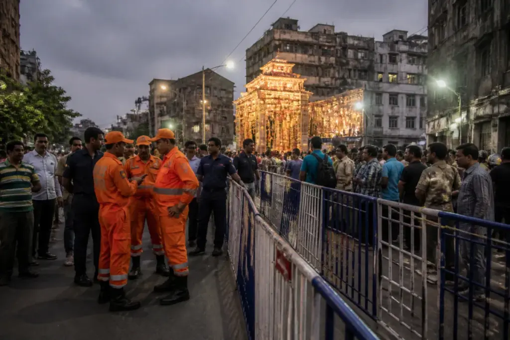 Kolkata pandal stampede inquiry site with barricades and emergency responders