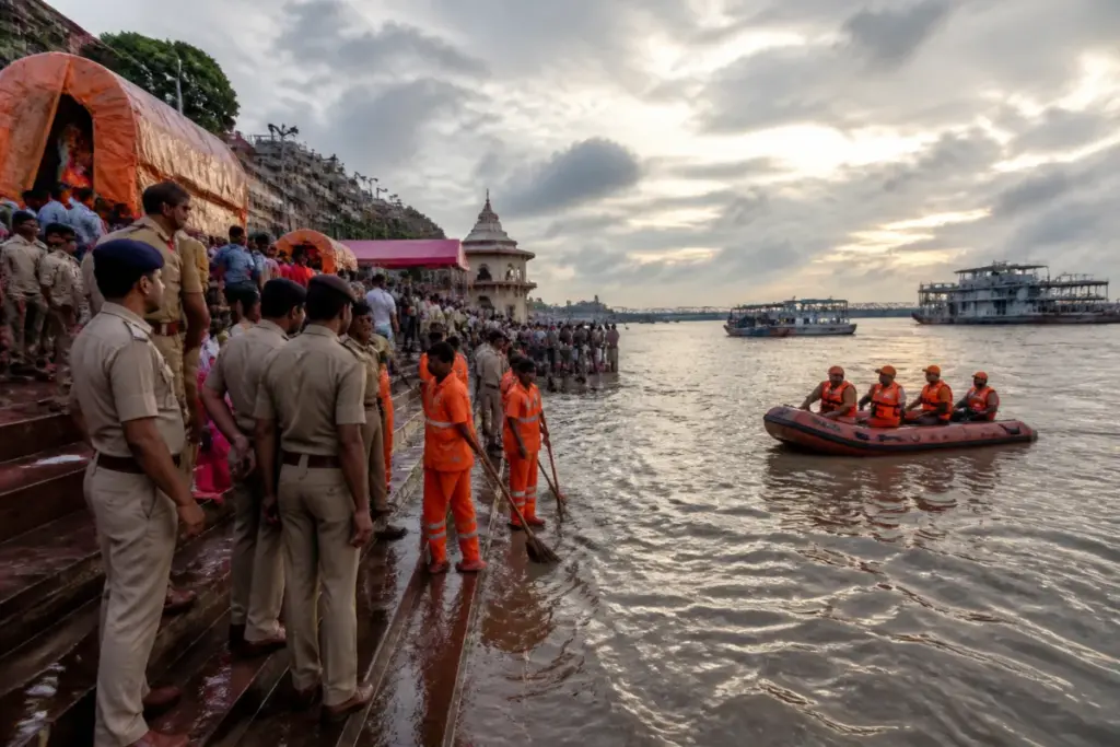 Kolkata immersion security personnel and rescue boats at a Ganga ghat