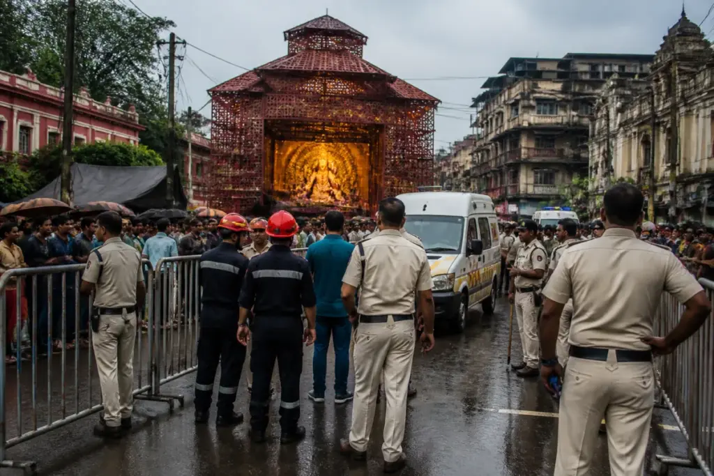 Chorbagan stampede site with festival crowds and police barricades in Kolkata