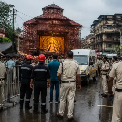Chorbagan stampede site with festival crowds and police barricades in Kolkata