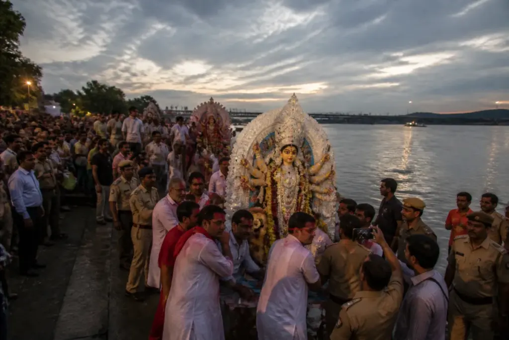Kolkata Durga Puja immersions at a crowded Ganga river ghat