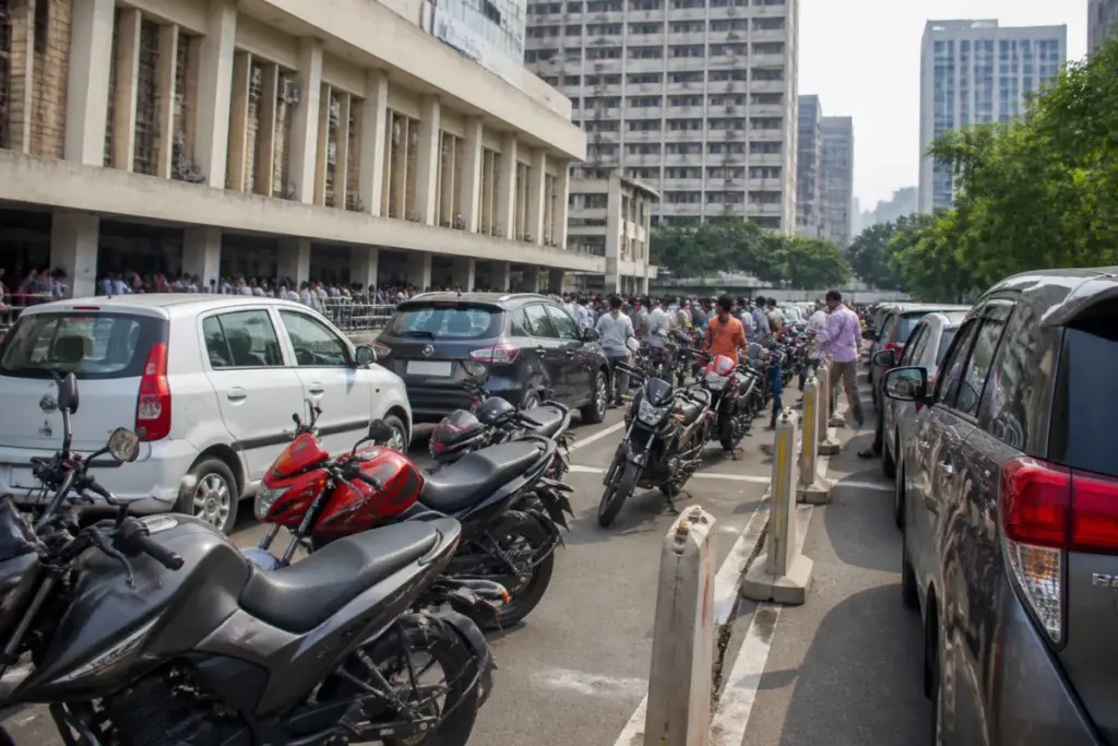 Mumbai vehicle registrations at an RTO, with motorcycles and cars awaiting registration
