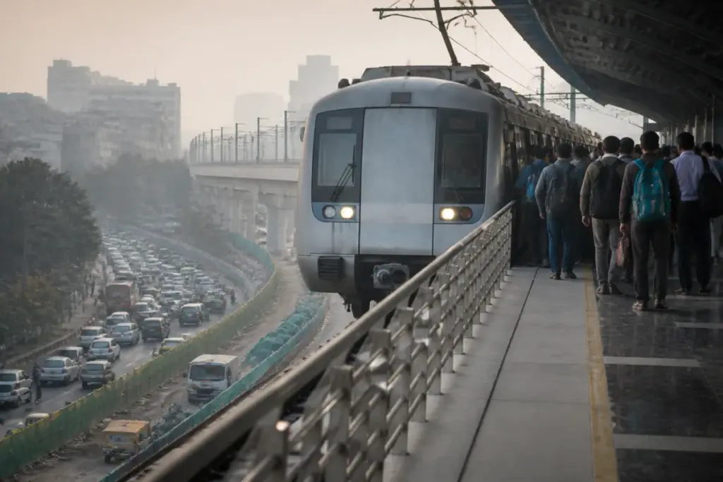 Delhi Metro train operating during GRAP-I pollution measures in the capital