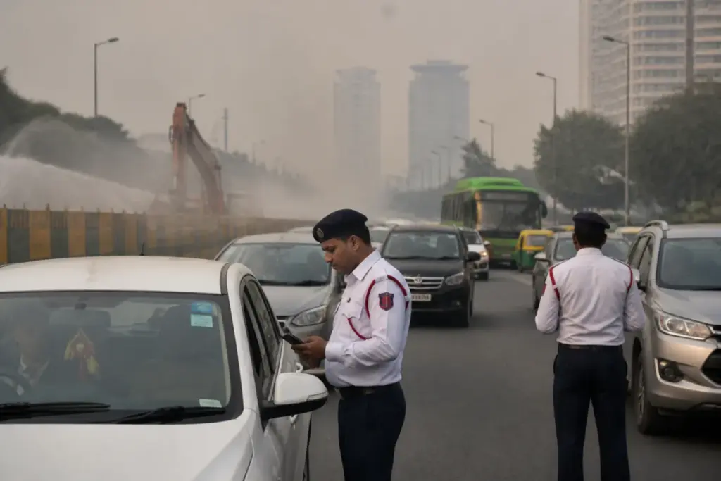 Delhi pollution restrictions on vehicles and construction during winter smog