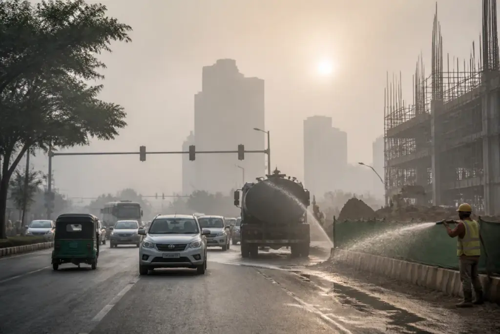GRAP-1 Delhi NCR pollution controls on a dusty road with traffic and construction activity