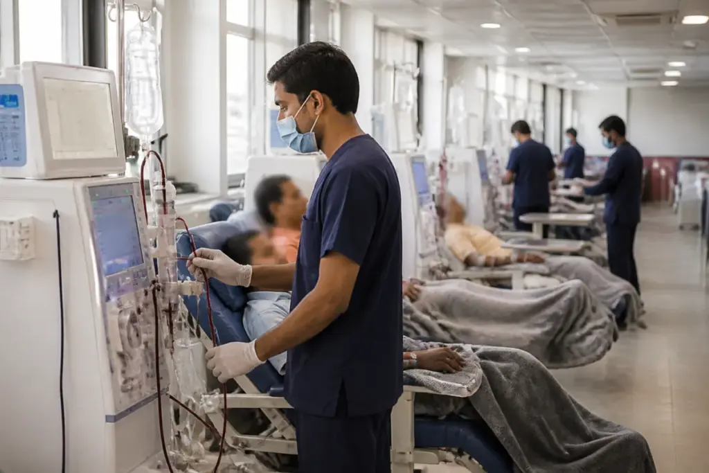 Gujarat dialysis technicians working inside a hospital dialysis centre