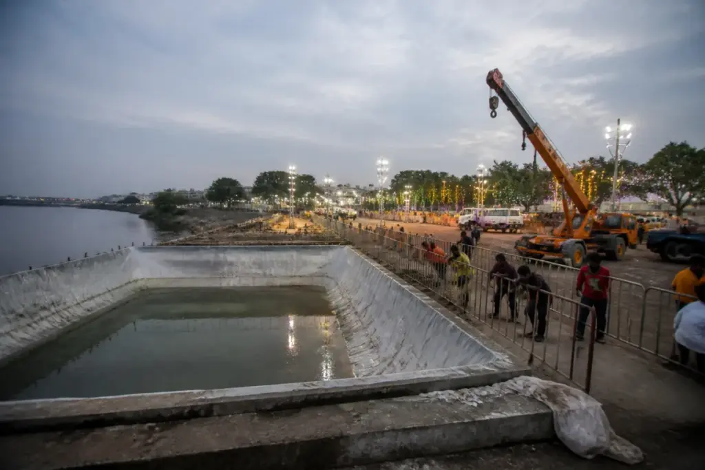 Cuttack Durga idol immersion preparations at a temporary pond near the Kathajodi river
